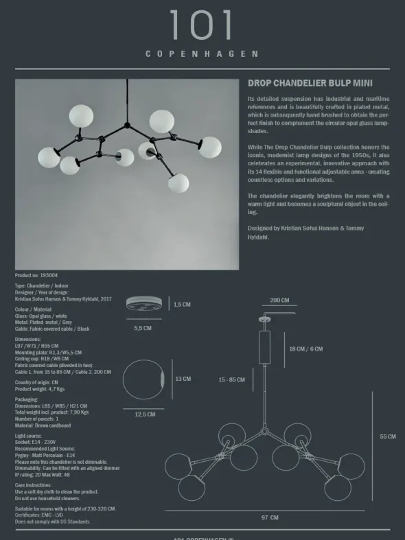 Drop Bulp Chandelier, mini grey fra 101 Copenhagen
