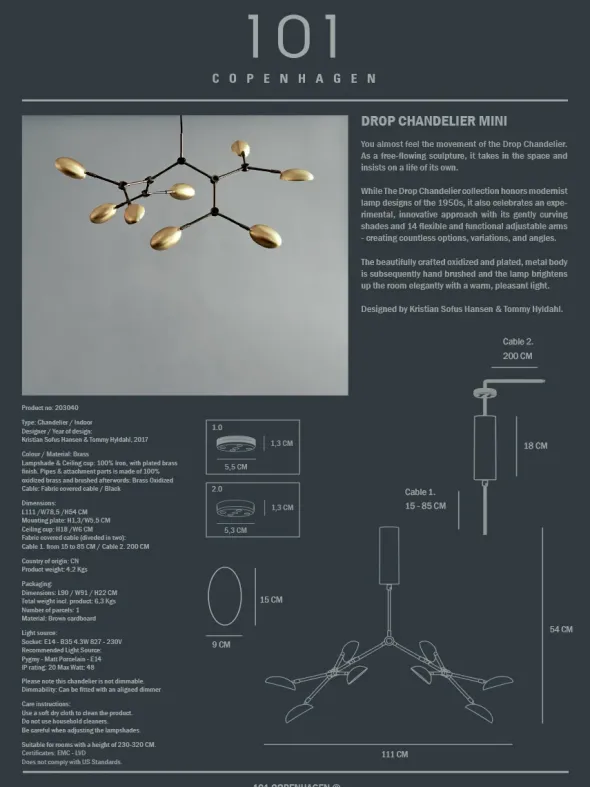 Drop Chandelier, mini brass fra 101 Copenhagen