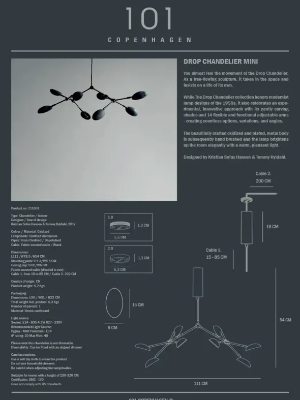 Drop Chandelier, mini oxidized fra 101 Copenhagen